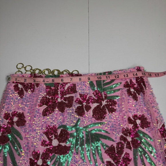 Maje Joustik Sequin Mini Skirt Hibiscus Floral Pink Gold Chain French 38/US M - Picture 3 of 9